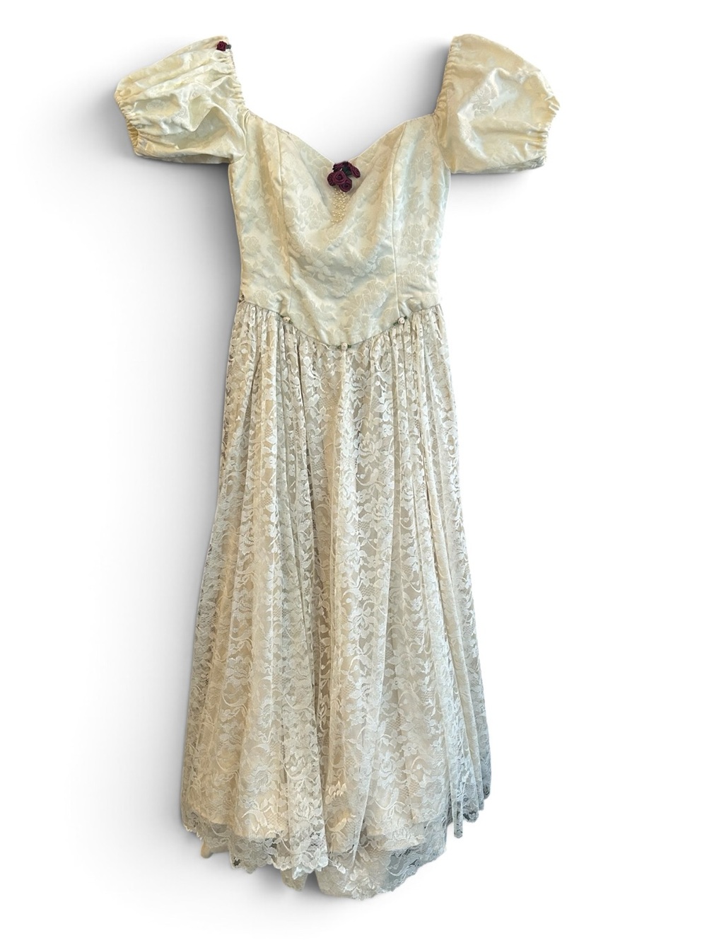 Vintage 1980s  Gown Lace Flowers Short Puff Sleeves Cream Handmade Size Small